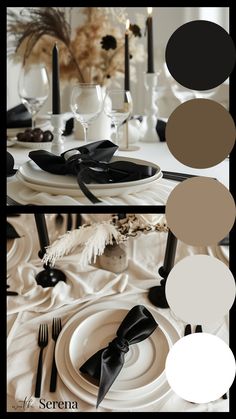 the table is set with black and white plates