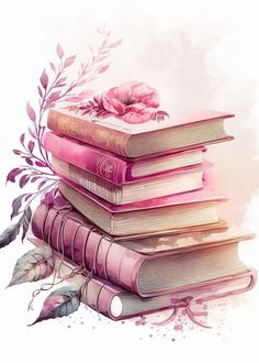 three books stacked on top of each other with pink flowers and leaves around the edges