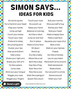 a printable poster with the words simon says ideas for kids to use in their classroom