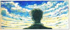 a drawing of a man looking at the sky