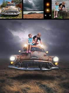 two children are sitting on the hood of an old car in front of dark clouds