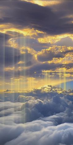 the sky is filled with clouds and sun beams