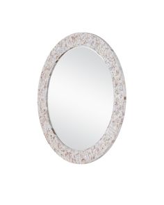 a round mirror with white and brown speckles on the rim, against a white background