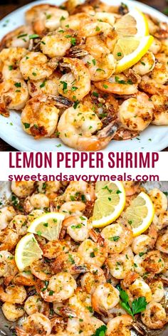 lemon pepper shrimp is served on a white plate and garnished with parsley