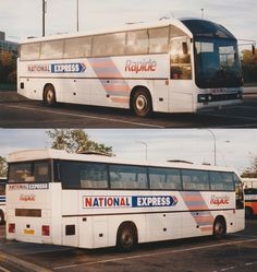 two pictures of a bus parked in a parking lot next to each other with the words national express on it