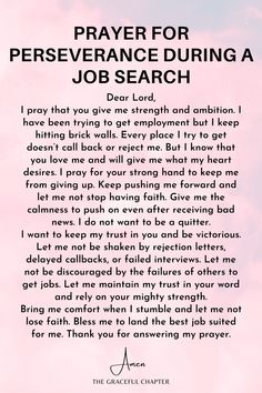 the prayer for perseverance during a job search is shown in pink and blue