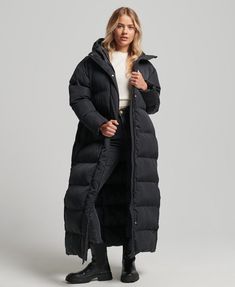 Superdry Hooded Maxi Puffer Coat - Women's Products Puffer Coat Outfit, Duvet Coat, Black Puffer Coat, Long Puffer Coat, Black Winter Coat, Longline Coat, Long Puffer, Smart Casual Outfit, Padded Coat