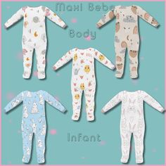 four baby onesuits are shown in different colors and sizes, with the words infant body