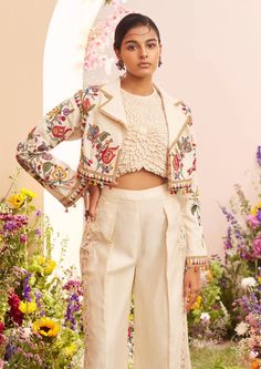 Chandrima-Ivory Embroidered Bolero Jacket-INDIASPOPUP.COM Optical Illusion Dress, Chic Prom Dresses, Size 20 Women, Trendy Outfits Indian, Lehenga Designs Simple, Meaningful Drawings, Designer Outfits, Designer Party Wear Dresses, Illusion Dress