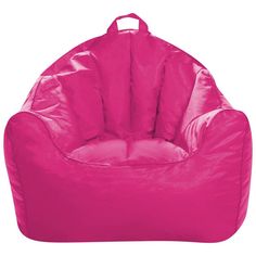 a pink bean bag chair sitting on top of a white floor