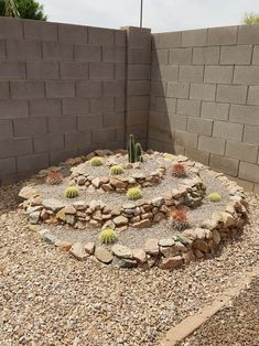 a circular rock garden with cacti and succulents in the center