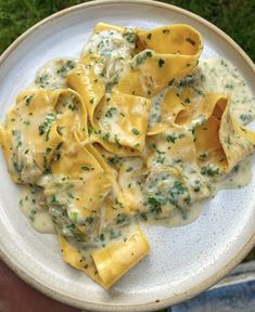 a white plate topped with ravioli covered in cheese and parsley next to a person's hand