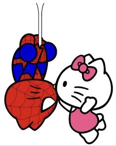 hello kitty and spiderman hanging from the ceiling in front of each other, with one being hugged by another