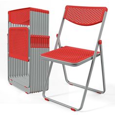 a red and silver folding chair next to a gray folding chair on a white background