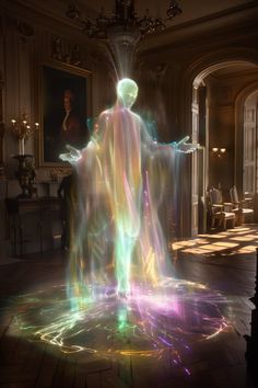 a man standing in the middle of a room with lights coming out of his body