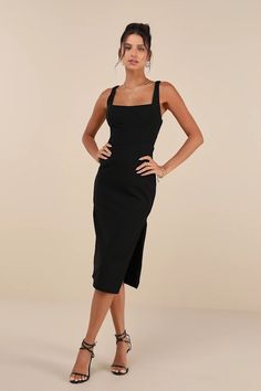 Black Sleeveless Dress - Square Neck Dress - Bodycon Midi Dress - Lulus Black Midi Dress Graduation, Sleeveless Elastane Dress For Date Night, Date Night Dress With Straight Neckline In Elastane, Straight Neckline Elastane Dress For Date Night, Cocktail Bodycon Midi Sleeveless Dress, Elegant Sleeveless Elastane Bandage Dress, Chic Sleeveless Dress With Straight Neckline For Party, Chic Midi-length Sleeveless Elastane Dress, Chic Sleeveless Midi Dress In Elastane