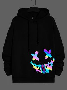 Black Casual Collar Long Sleeve Knitted Fabric Cartoon Pullovers Embellished Medium Stretch  Men Clothing Custom Hoodies Ideas Design Men, Stylish Hoodies Men, Printed Hoodie Men, Trendy Hoodies, Men Hoodies, Hip Hop Outfits