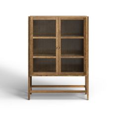 a wooden bookcase with glass doors on the front and bottom shelves, against a white background