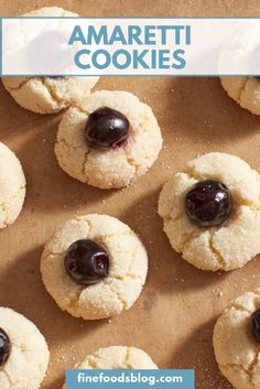 there are cookies with blueberries on top and the words amarettii cookies above them