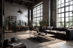 an industrial living room with large windows and wooden flooring is furnished with black leather furniture