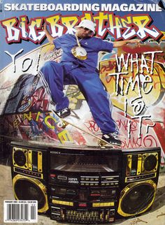 a magazine cover with a man on a skateboard in the air above a boombox