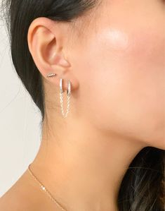 Single set of double huggie hoops. Cute dangling chain for people with double piercings This will come with only ONE set Material: Brass and Zircon Double Piercing Earring, Double Hoop Earring, Dainty Chain Necklace, Double Piercing, Earrings Double, Double Hoop Earrings, Figaro Chain Necklace, Silver Choker Necklace, Trending Necklaces