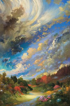 an oil painting of clouds and flowers in the sky over a river with a path leading to it