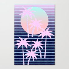 the palm trees are silhouetted against an orange and pink sunset on a blue striped background