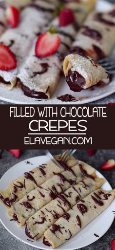 chocolate covered crepes with strawberries on top and the words filled with chocolate