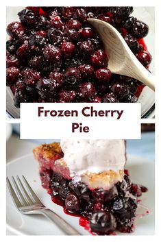 two pictures of frozen cherry pie with ice cream on top