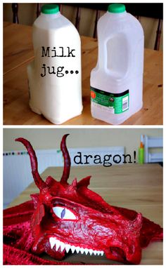 two pictures side by side one has a dragon and the other has a milk jug