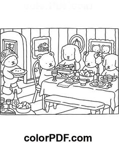 a coloring page for children to color with the family and friends at the table in the kitchen