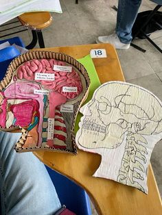 a person sitting at a desk with paper cut out of the human head and brain