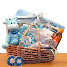 a baby boy gift basket on a table