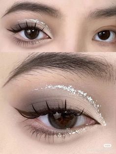 Eye Makeup Ideas For Prom, Douyin Glitter, Cool Toned Eye Makeup, Ethereal Eye Makeup, Makeup Ideas Korean, Eye Makeup Asian, Eye Makeup Aesthetic, Makeup Asian, Cute And Aesthetic