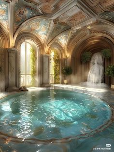 a large indoor swimming pool in the middle of an ornate building with arches and columns