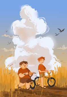 two people sitting on bikes in front of a cloud