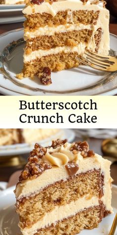 two slices of butterscotch crunch cake on plates