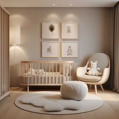 a baby's room with a crib, rocking chair and pictures on the wall