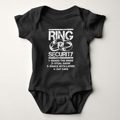 a black baby bodysuit with the words ring security printed on it