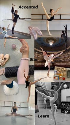 several pictures of ballet dancers and their positions in the middle one shows an acrobatic class