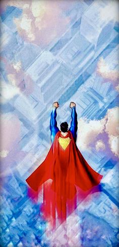 a man in a superman suit flying through the air with his hands up to his head