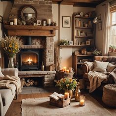 a living room filled with furniture and a fire place in the middle of it's fireplace