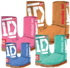 four pairs of ugg boots with different colors and logos on them, all lined up against one another