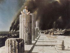 a painting of a man sitting on top of a pillar in the middle of a city