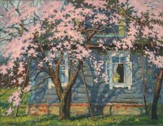 a painting of a blue house with pink flowers on the trees in front of it