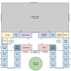 the floor plan for an office with several tables and chairs, including one round table