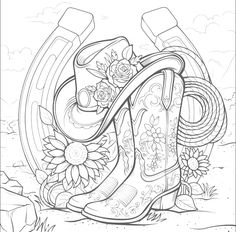 a cowboy boot with flowers and a lasso on the ground coloring page for kids