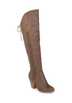 These trend-setting knee boots by Journee Collection are made with premium faux leather uppers, with a raised vamp that covers the knee, and lace detail on the side and back. Faux woodgrain outsoles and block heels provide style to complete the design. | Journee Collection Women's Spritz-P Boots, Brown, 11M Women's Over The Knee Boots, Block Heel Boots, Wide Calf, Wide Fit Boots, Journee Collection, Fall Wardrobe, Brown Boots, Dress With Boots, Over The Knee Boots