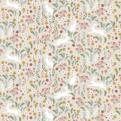 an image of a floral pattern with rabbits and flowers on the side, in pastel colors